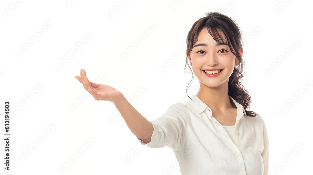 A smiling asian female entrepreneur presents, hand outstretched A smiling asian female entrepreneur presents, hand outstretched
