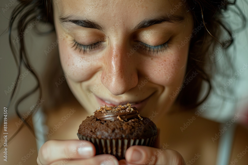 A woman admires a cricket cupcake before tasting it, curious to discover the unique flavor that combines sweetness and sustainability