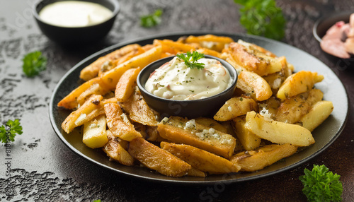 Oven baked fries with garlic aioli sauce. Tasty snack. Delicious food for dinner. Culinary concept photo