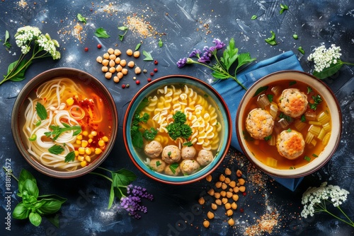Soup Collection, Noodle, Meatballs and Chickpea Soups on a Rustic Background Top View, Various Broth photo