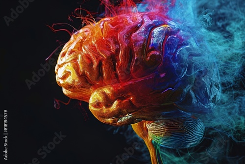 A brain with red, blue and yellow colors surrounded with blue smoke on black background photo