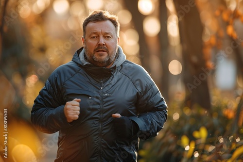 An overweight man is running in the autumn park wearing a black jacket