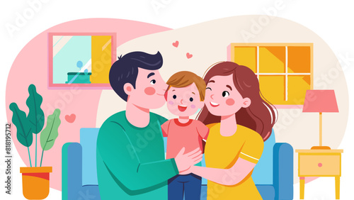 Happy Family Moment: Parents Embracing Child in Cozy Home Interior. World Kissing Day