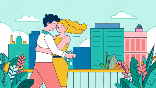 Urban Love: Young Couple Embracing in City Park Illustration. World Kissing Day