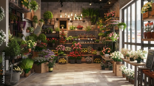A well-lit floral shop with an array of colorful flowers and greenery, neatly arranged on shelves and crates, illuminated by natural sunlight streaming through a large window.