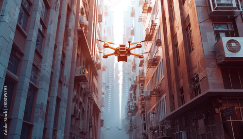 A drone is flying over a city street by AI generated image photo
