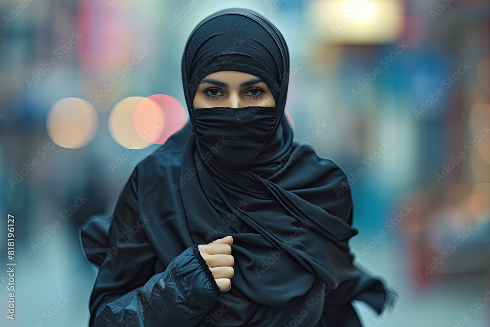 Scared Middle Eastern woman wearing a hijab, running through the streets of a city, conveying a sense of urgency and fear Scared Middle Eastern woman wearing a hijab, running through the streets of a city, conveying a sense of urgency and fear