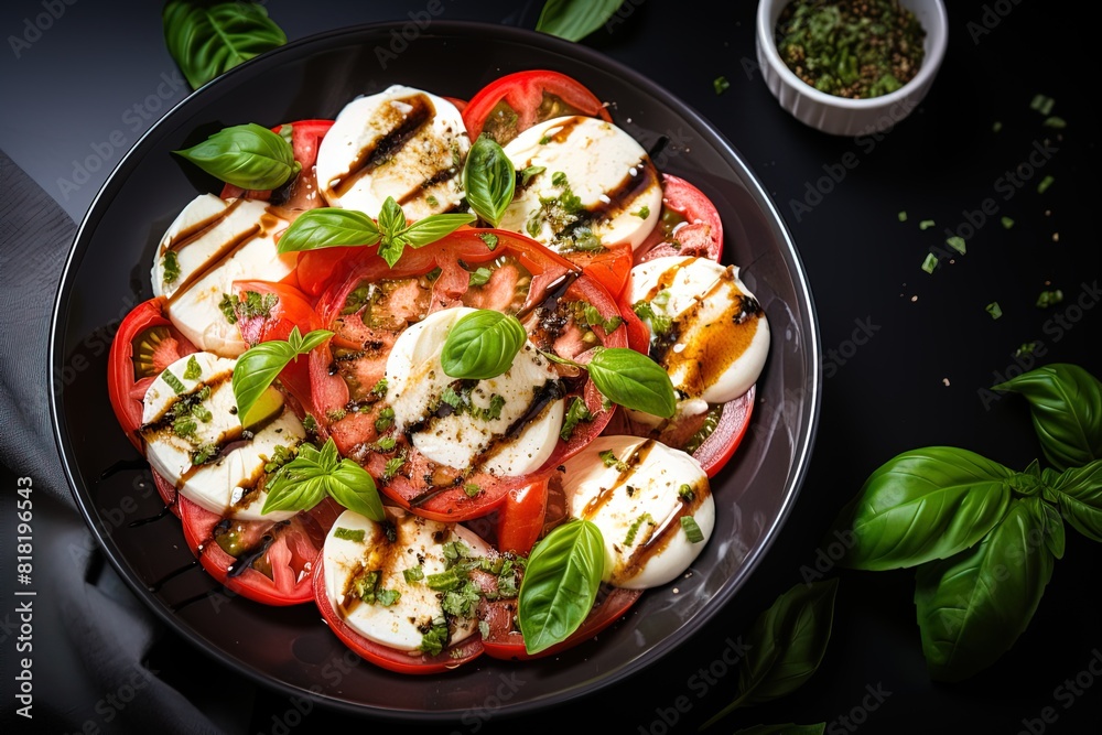 A black bowl of food with a white sauce and a bunch of green basil leaves A black bowl of food with a white sauce and a bunch of green basil leaves