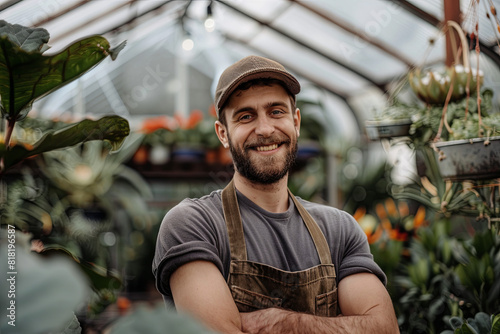 Male florist posing proudly in a greenhouse, embodying the passion and ownership of a small business photo