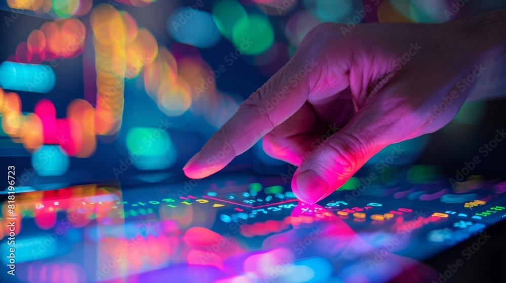 Close-up of a hand pointing at a tablet screen with stock market data, vibrant stock exchange backdrop