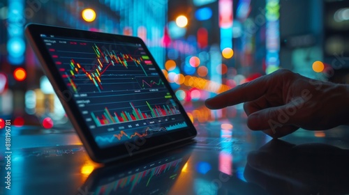 Close-up of a hand pointing on a tablet screen with financial charts, stock exchange in the background