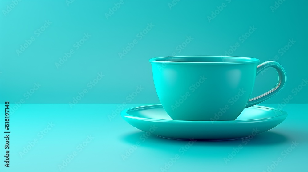  A teal cup and saucer against a blue background