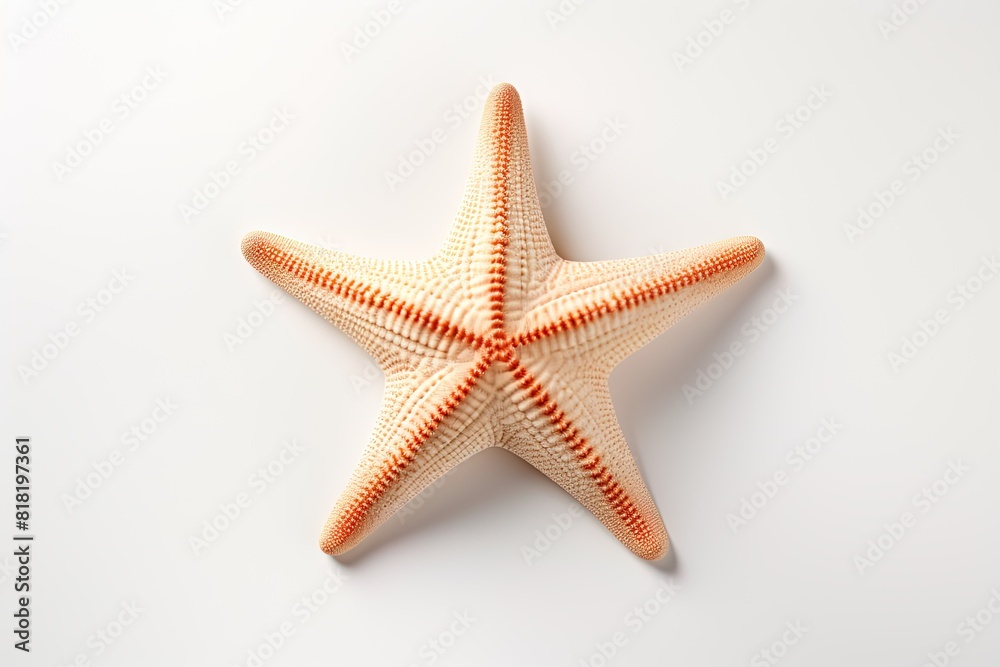A starfish with orange and white stripes is shown on a white background A starfish with orange and white stripes is shown on a white background