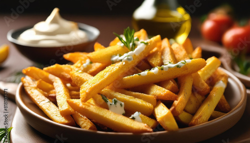 Oven baked fries with garlic aioli sauce. Tasty snack. Delicious food for dinner. Culinary concept