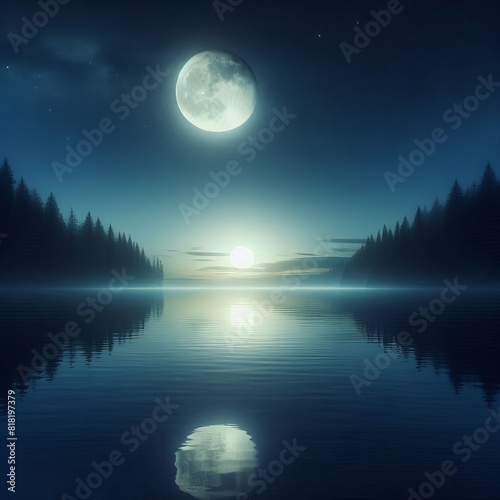 a serene nighttime scene where the moon is reflected in calm water. the moon s light casting a gentle glow on the water s surface