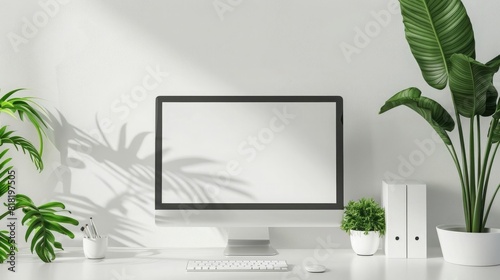 White computer desk with monitor, green plants, white background wall is clean and tidy. photo
