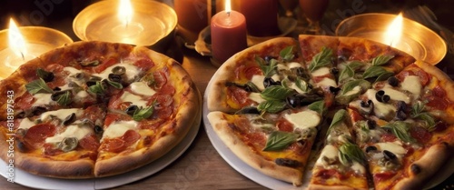 An intimate candlelit dinner setting featuring two gourmet pizzas, decorated with fresh basil, olives, and mozzarella, ideal for a romantic evening.