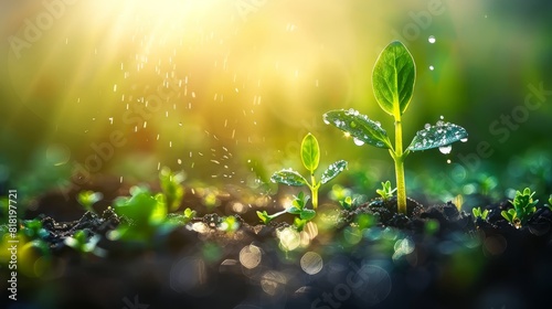  A green plant sprouts from the ground, dripping with water as sunny rays glint off its leaves