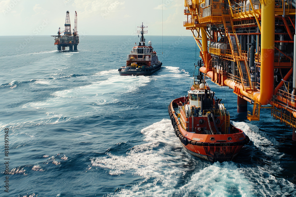 Tugboats powerfully guiding an oil and gas FPSO rig through open waters ...