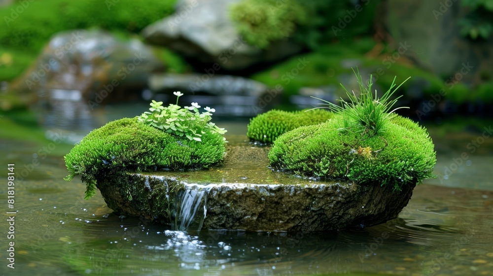 A rock featuring moss growth atop and a middlewaterfall A rock featuring moss growth atop and a middlewaterfall