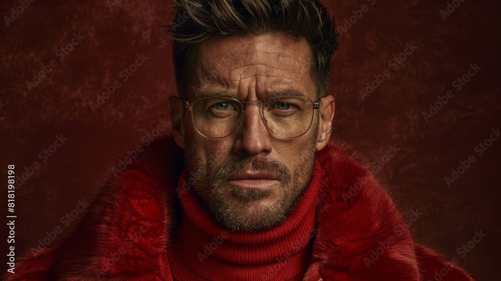 A tight shot of someone in a red coat, glasses perched on nose, fur stole draped around neck, serious expression A tight shot of someone in a red coat, glasses perched on nose, fur stole draped around neck, serious expression