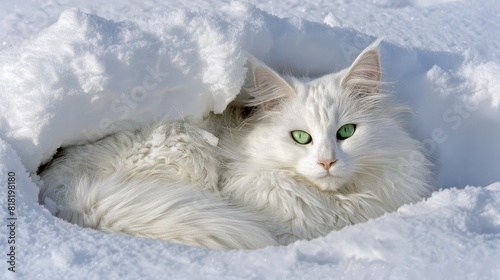  A white cat with green eyes lies in a snowy pile, gazing at the camera