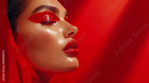  A woman s face  tightly framed  dons a bold coat of red lipstick A red curtain hangs near  its folds subtly obscuring part of her