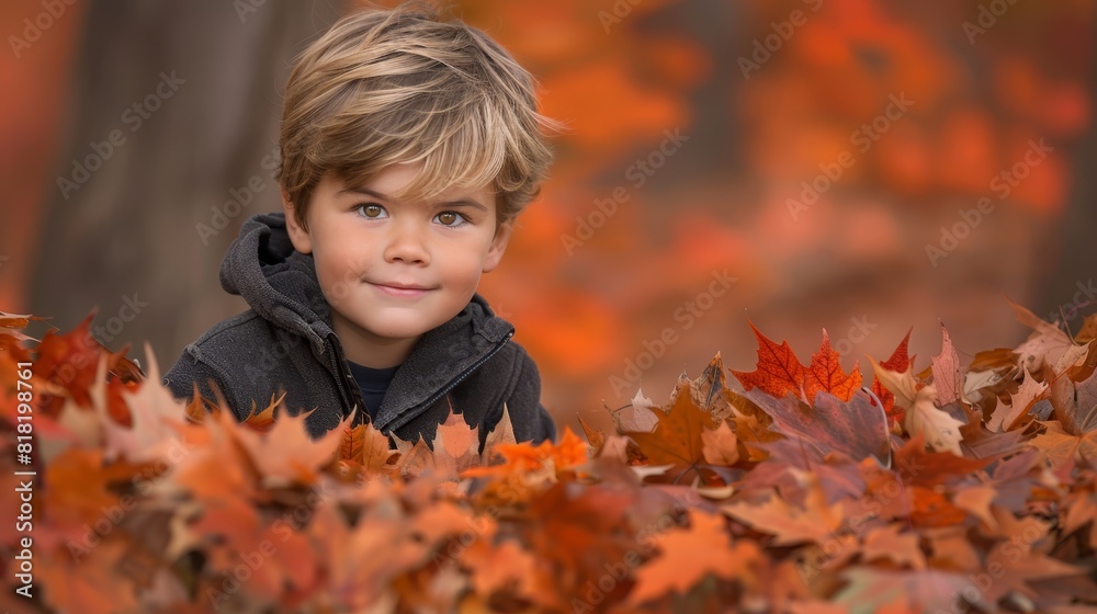 A young boy grins, eyes bright, as he sits amidst a mound of leaves, poised for a photograph A young boy grins, eyes bright, as he sits amidst a mound of leaves, poised for a photograph