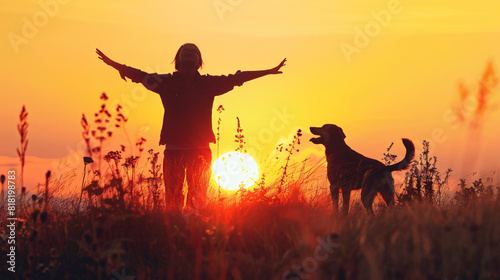Joyful Silhouette of a Person and Dog Enjoying Sunset