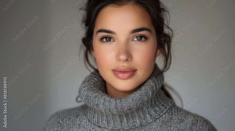 A close-up of a woman in a gray turtleneck, her hair in a ponytail A close-up of a woman in a gray turtleneck, her hair in a ponytail