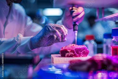 Someone is cutting meat with a knife in a laboratory, lab-grown meat
