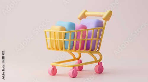 Illustration of shopping cart and laptop, soft white background, online stores concept, 3d render of two yellow and pink paper shopping bags in white background, Supermarket shopping cart isolated. 