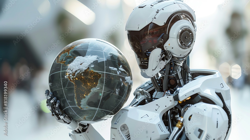 Futuristic robot holding a globe, symbolizing technology and global connectivity Perfect for tech, innovation, and futuristic themes Isolated with ample copy space Futuristic robot holding a globe, symbolizing technology and global connectivity Perfect for tech, innovation, and futuristic themes Isolated with ample copy space