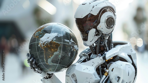 Futuristic robot holding a globe, symbolizing technology and global connectivity Perfect for tech, innovation, and futuristic themes Isolated with ample copy space © owen