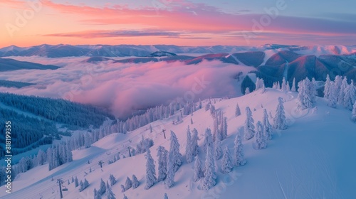  A mountain, its peak crowned with snow, presents a vista In the foreground, trees stand outlined against the pristine white Beyond, a pink sky gradates to a deep photo