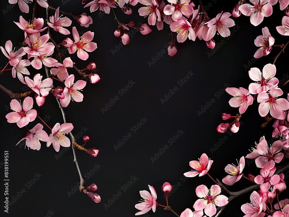 Fototapeta premium Cherry blossoms on a black background.