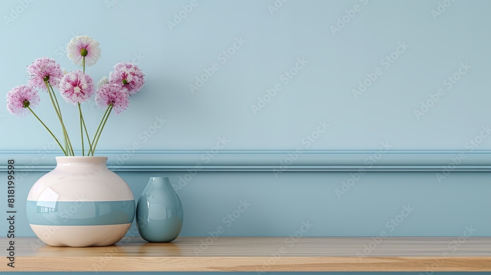 Two vases atop a wooden table, one holding pink flowers Two vases atop a wooden table, one holding pink flowers