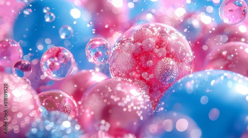  A scene featuring numerous pink and blue balloons afloat against a backdrop of matching pastel hues, with bubble-filled air