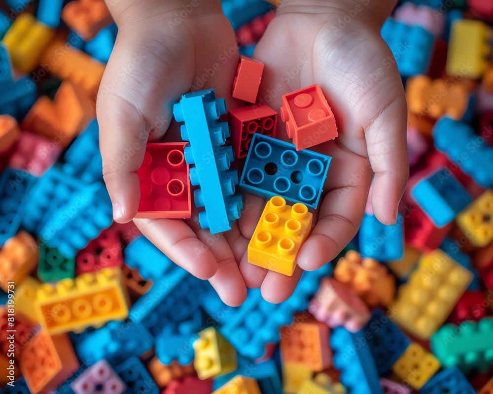 Closeup of child s hands playing with colorful building blocks, highlighting creativity and playfulness Ideal for educational and childhood themes Isolated with ample copy space Closeup of child s hands playing with colorful building blocks, highlighting creativity and playfulness Ideal for educational and childhood themes Isolated with ample copy space
