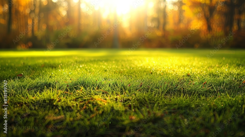 The sun shines brightly through the trees, illuminating a green field with grass in the foreground The sun shines brightly through the trees, illuminating a green field with grass in the foreground