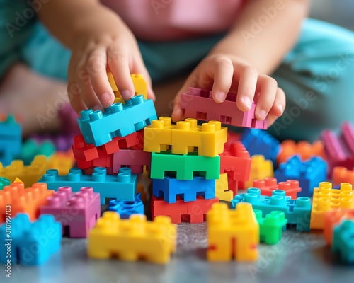 Closeup of child s hands playing with colorful building blocks  highlighting creativity and playfulness Ideal for educational and childhood themes Isolated with ample copy space