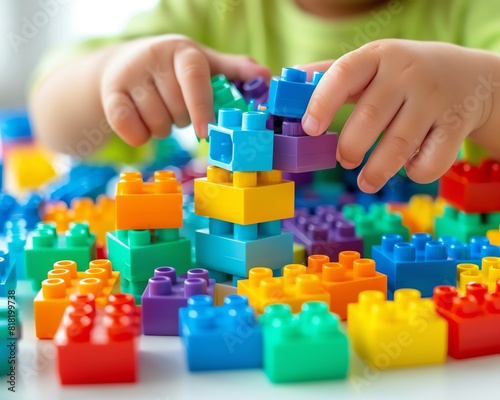 Closeup of child s hands playing with colorful building blocks, highlighting creativity and playfulness Ideal for educational and childhood themes Isolated with ample copy space photo