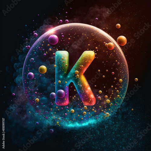 K letter in a bubble with colorful particles and smoke, vector illustration