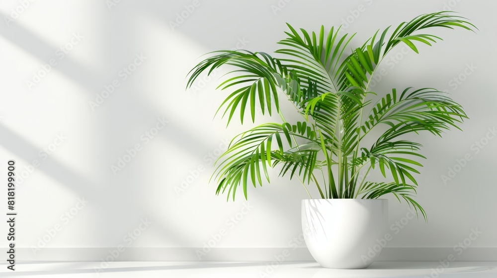A green plant in a white planter against a white floor and wall; its shadow cast beside A green plant in a white planter against a white floor and wall; its shadow cast beside