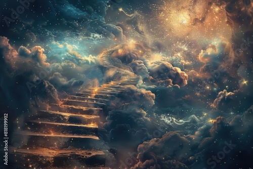 Abstract image of a staircase twisting into the sky, merging with clouds and stars, representing the journey to unknown realms of thought photo
