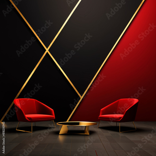 An opulent display of red, gold, and black geometry intertwines, crafting a modern, elegant, and abstract backdrop exuding luxury.