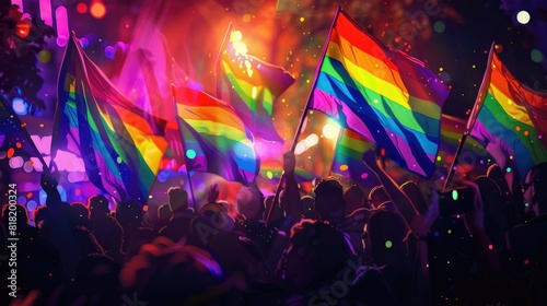 Wallpaper Mural A night scene at a pride event with a crowd of people holding rainbow flags, illuminated by vibrant multicolored lights. Torontodigital.ca