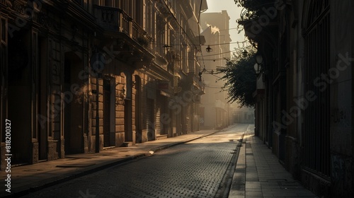 Deserted street in a bustling city  no traffic  empty sidewalks  eerie quiet  early morning light