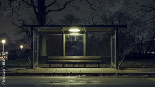Empty bus stop bench, streetlights casting shadows, night time, lonely atmosphere, anticipation