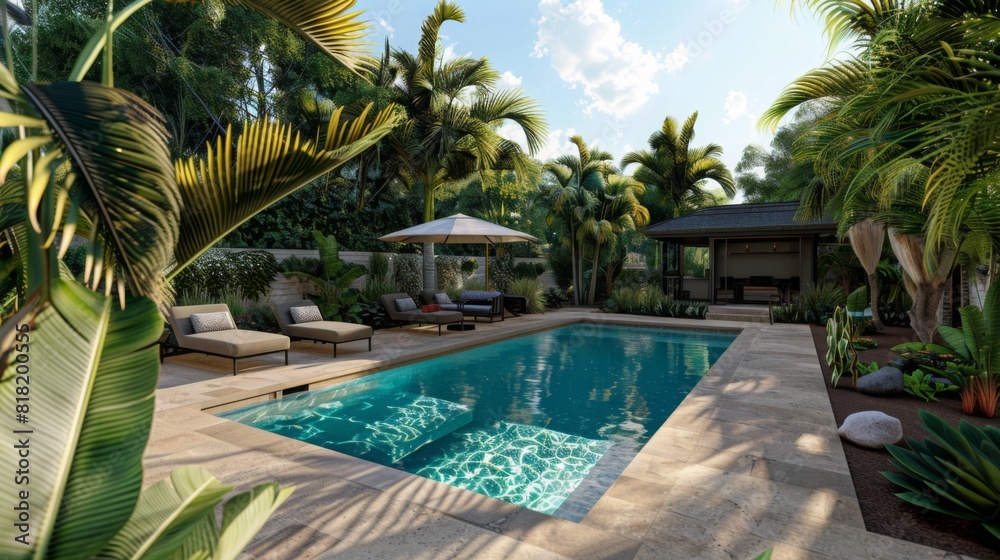 A tropical backyard featuring a pool and several lounge chairs for relaxation under the sun.